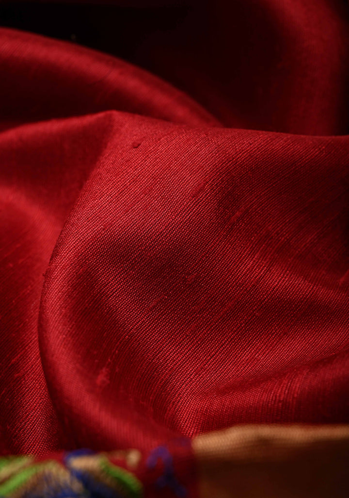 Maroon Pure Raw Silk Saree with Floral Embroidery and Ikkat Pallu and Blouse Piece | SILK MARK CERTIFIED