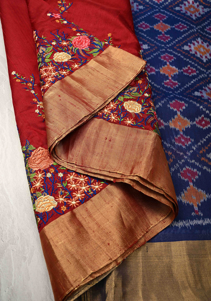 Maroon Pure Raw Silk Saree with Floral Embroidery and Ikkat Pallu and Blouse Piece | SILK MARK CERTIFIED