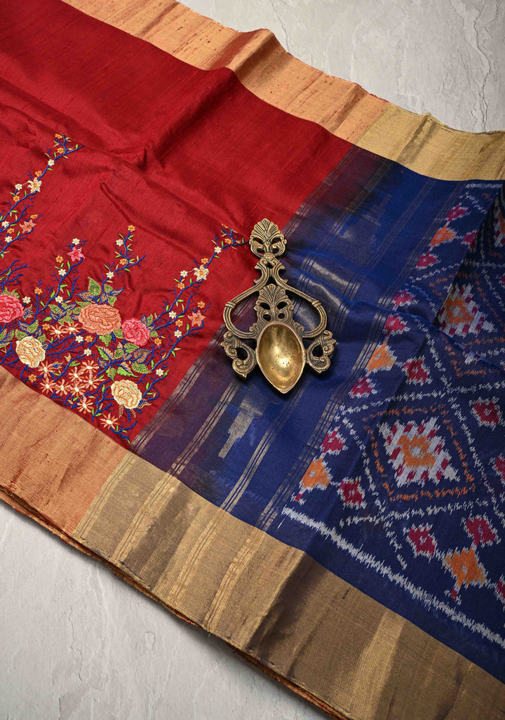Maroon Pure Raw Silk Saree with Floral Embroidery and Ikkat Pallu and Blouse Piece | SILK MARK CERTIFIED
