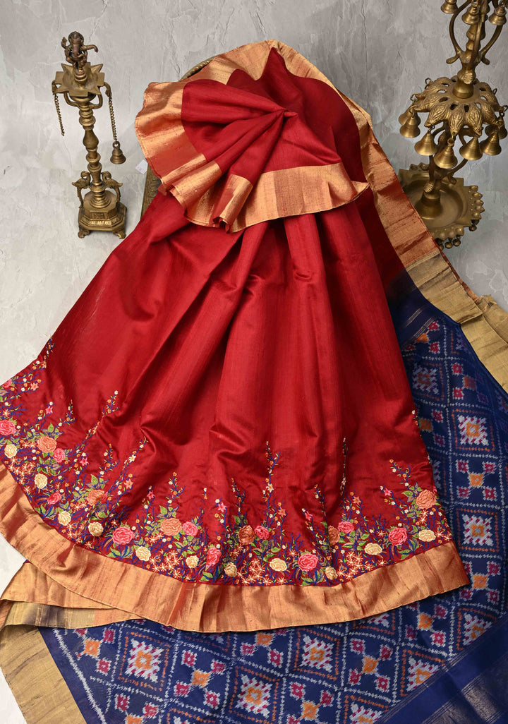 Maroon Pure Raw Silk Saree with Floral Embroidery and Ikkat Pallu and Blouse Piece | SILK MARK CERTIFIED