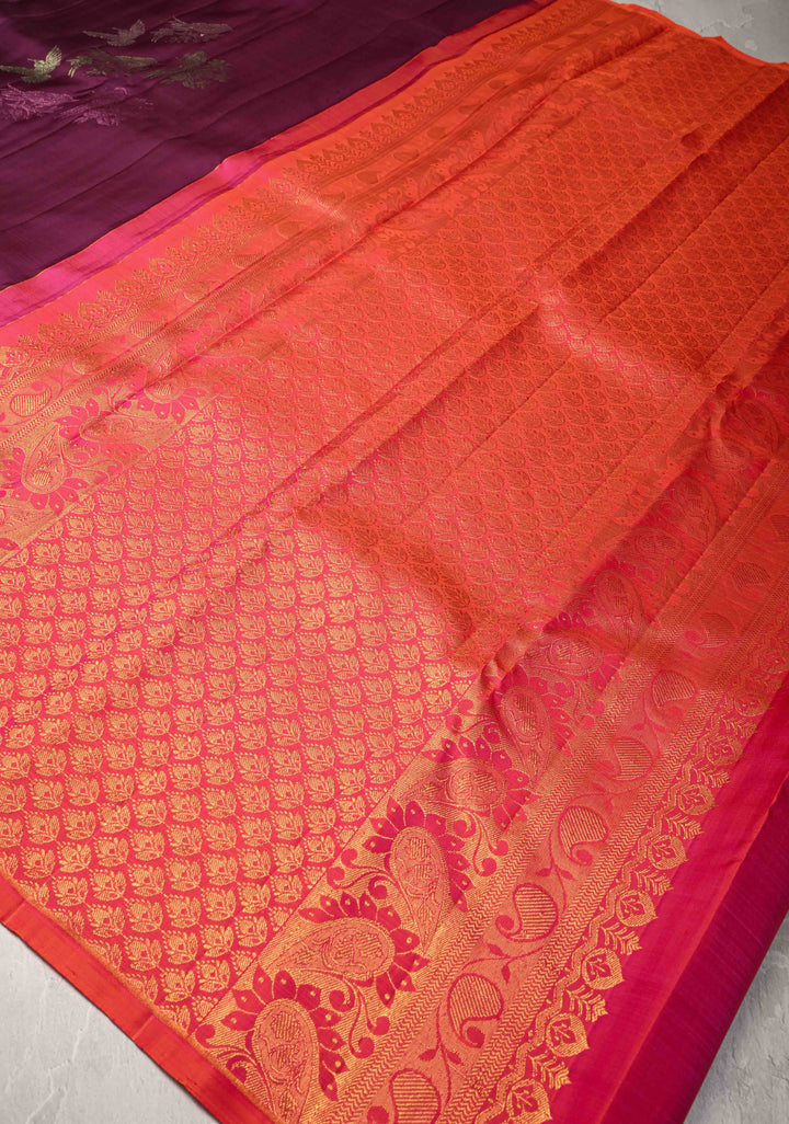 Plum Borderless Kanjivaram Pure Silk Saree with Meena 3 color Zari Birds Motifs and Contrast Pallu  | SILK MARK CERTIFIED