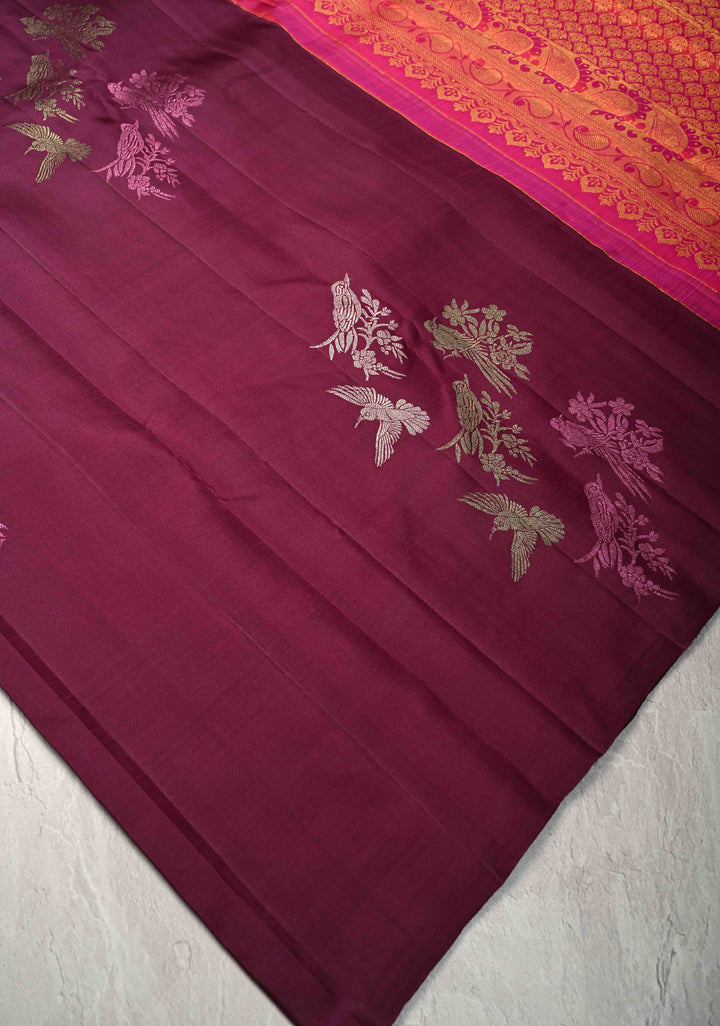 Plum Borderless Kanjivaram Pure Silk Saree with Meena 3 color Zari Birds Motifs and Contrast Pallu  | SILK MARK CERTIFIED
