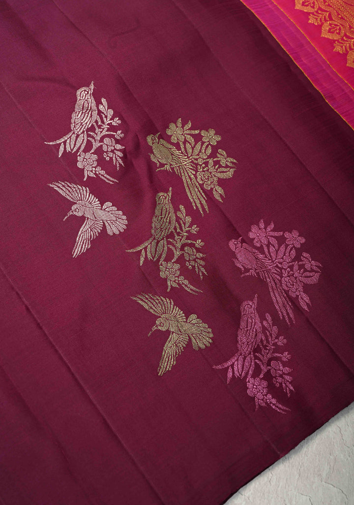 Plum Borderless Kanjivaram Pure Silk Saree with Meena 3 color Zari Birds Motifs and Contrast Pallu  | SILK MARK CERTIFIED