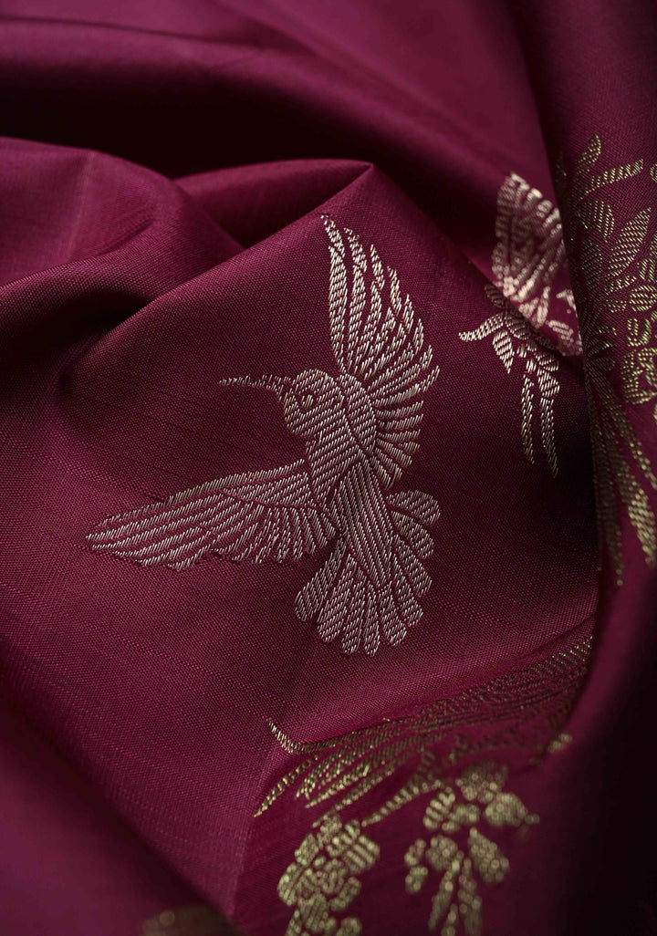 Plum Borderless Kanjivaram Pure Silk Saree with Meena 3 color Zari Birds Motifs and Contrast Pallu  | SILK MARK CERTIFIED