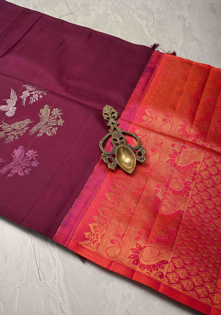 Plum Borderless Kanjivaram Pure Silk Saree with Meena 3 color Zari Birds Motifs and Contrast Pallu  | SILK MARK CERTIFIED