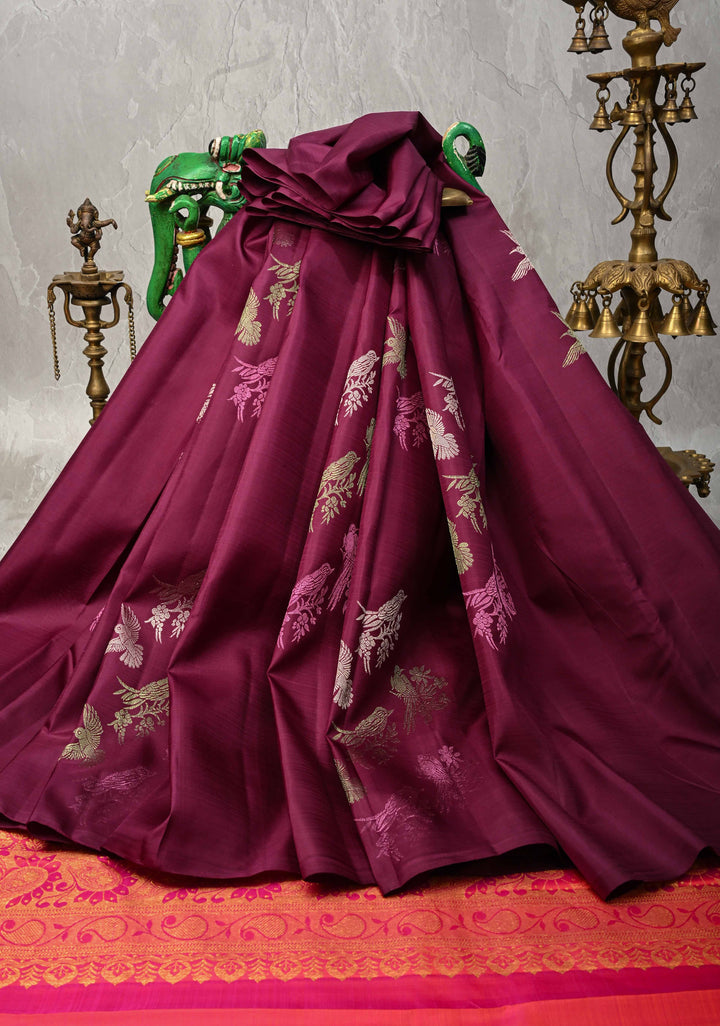 Plum Borderless Kanjivaram Pure Silk Saree with Meena 3 color Zari Birds Motifs and Contrast Pallu  | SILK MARK CERTIFIED
