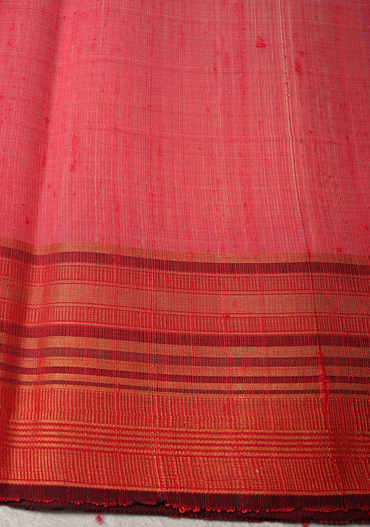 Pinkish Orange Pure Chhattisgari Raw Silk Saree with Resham Butta with Temple Zari Border | SILK MARK CERTIFIED