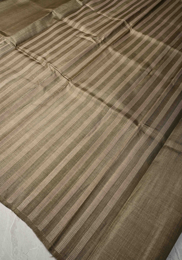 Wood Brown Tussar Silk saree with Vertical Resham Stripes on Border | SILK MARK CERTIFIED