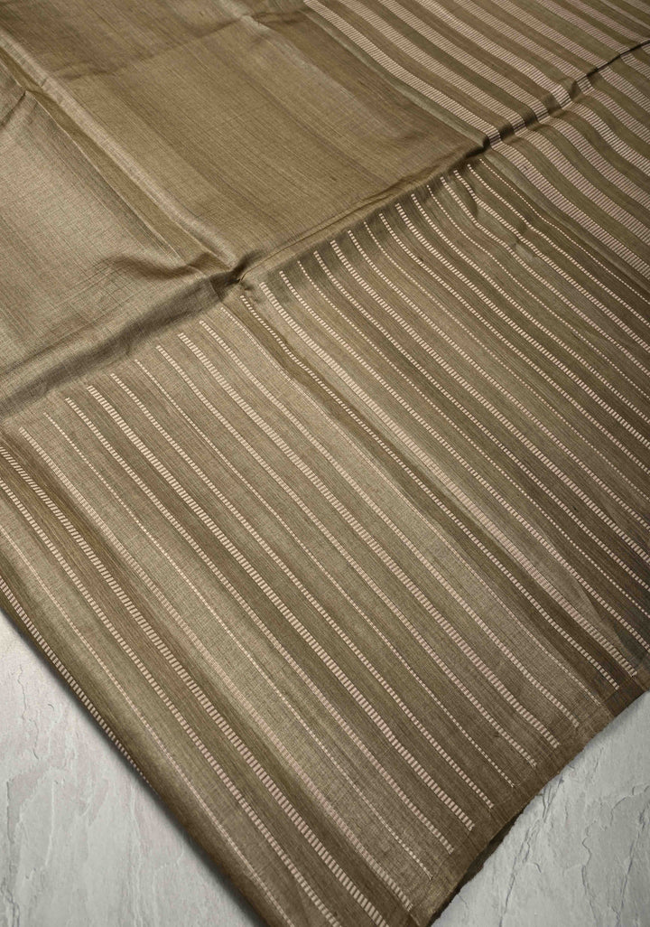 Wood Brown Tussar Silk saree with Vertical Resham Stripes on Border | SILK MARK CERTIFIED