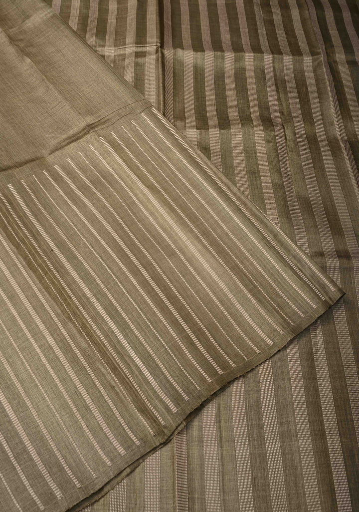 Wood Brown Tussar Silk saree with Vertical Resham Stripes on Border | SILK MARK CERTIFIED