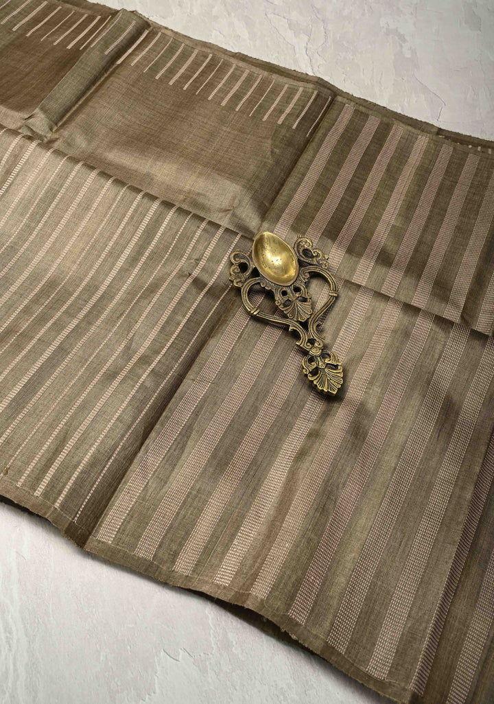 Wood Brown Tussar Silk saree with Vertical Resham Stripes on Border | SILK MARK CERTIFIED
