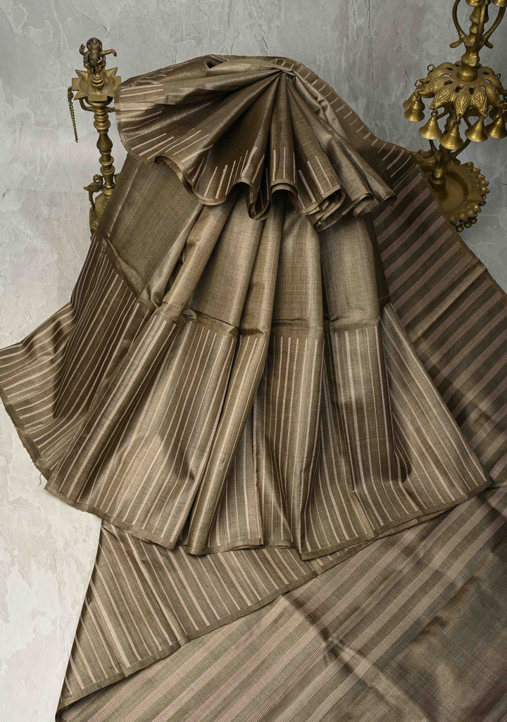 Wood Brown Tussar Silk saree with Vertical Resham Stripes on Border | SILK MARK CERTIFIED