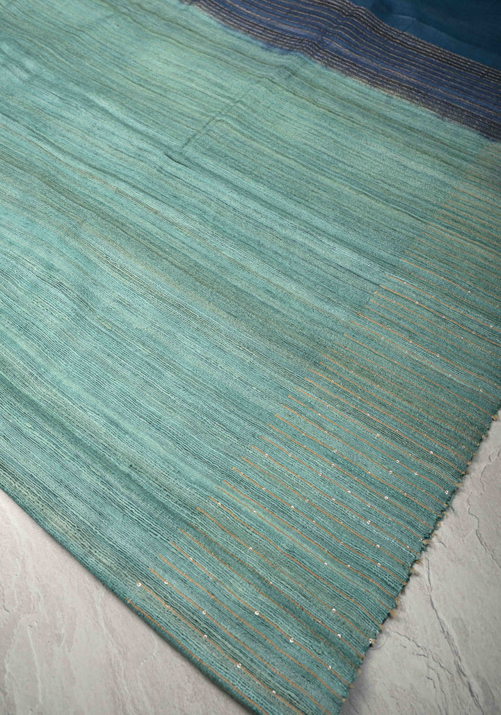 Teal Geecha Tussar Saree with woven sequins | SILK MARK CERTIFIED