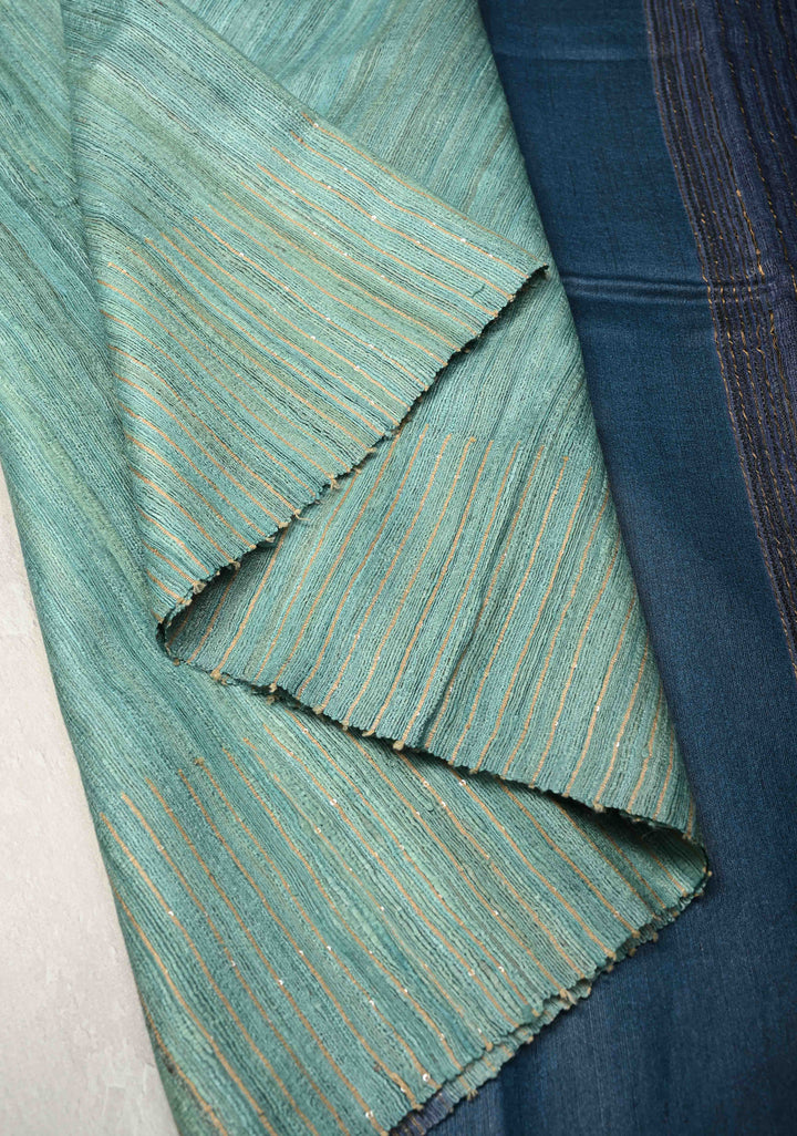 Teal Geecha Tussar Saree with woven sequins | SILK MARK CERTIFIED