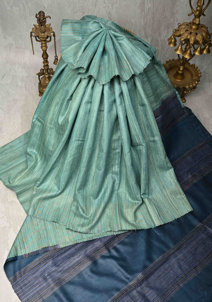 Teal Geecha Tussar Saree with woven sequins | SILK MARK CERTIFIED