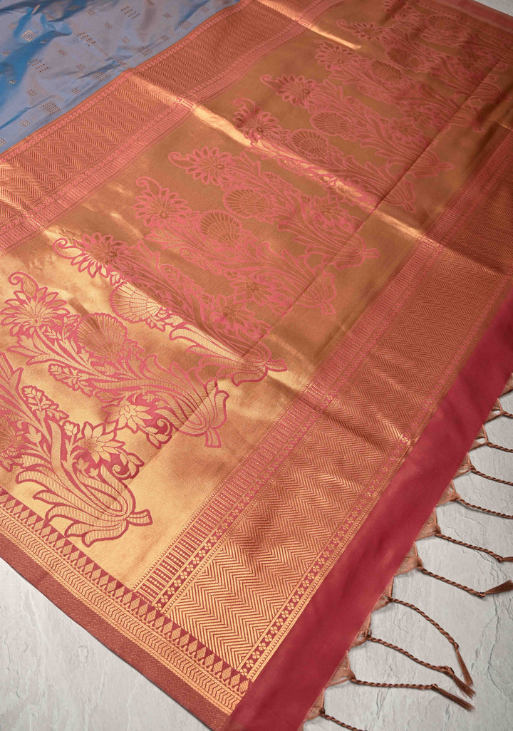 Peacock Blue Dual tone Kanchi Semi Silk Saree with Zari Buttas and Mandala Motifs on Border