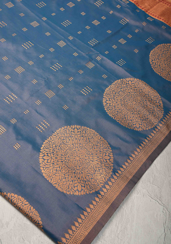 Peacock Blue Dual tone Kanchi Semi Silk Saree with Zari Buttas and Mandala Motifs on Border