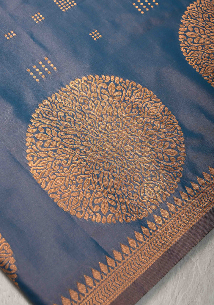 Peacock Blue Dual tone Kanchi Semi Silk Saree with Zari Buttas and Mandala Motifs on Border