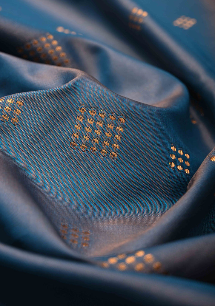 Peacock Blue Dual tone Kanchi Semi Silk Saree with Zari Buttas and Mandala Motifs on Border