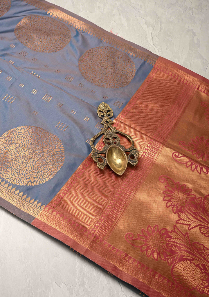 Peacock Blue Dual tone Kanchi Semi Silk Saree with Zari Buttas and Mandala Motifs on Border
