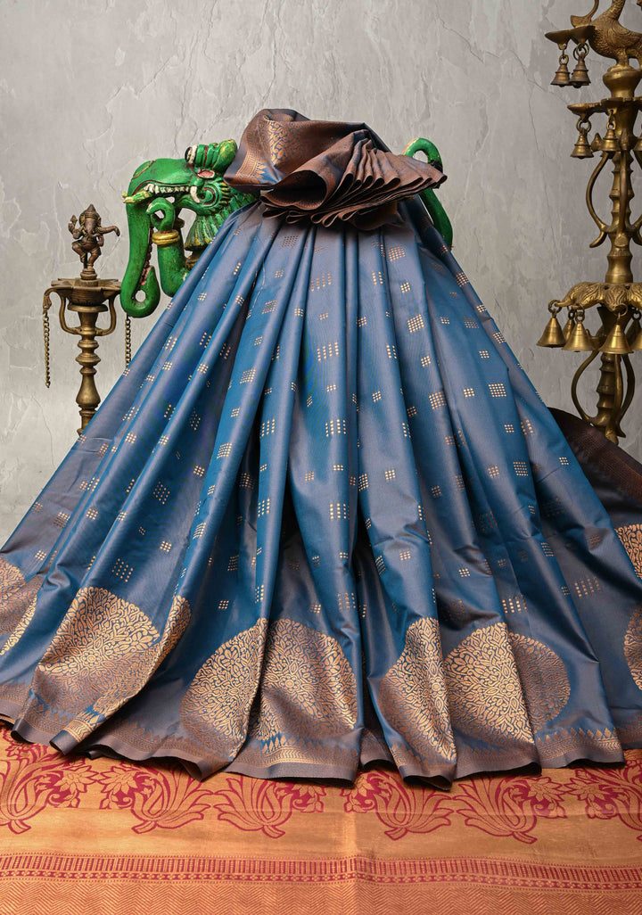 Peacock Blue Dual tone Kanchi Semi Silk Saree with Zari Buttas and Mandala Motifs on Border
