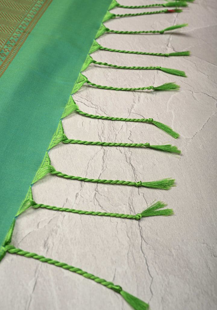 Green-Maroon Dual tone Kanchi Semi Silk Saree with Zari Buttas and Mandala Motifs on Border