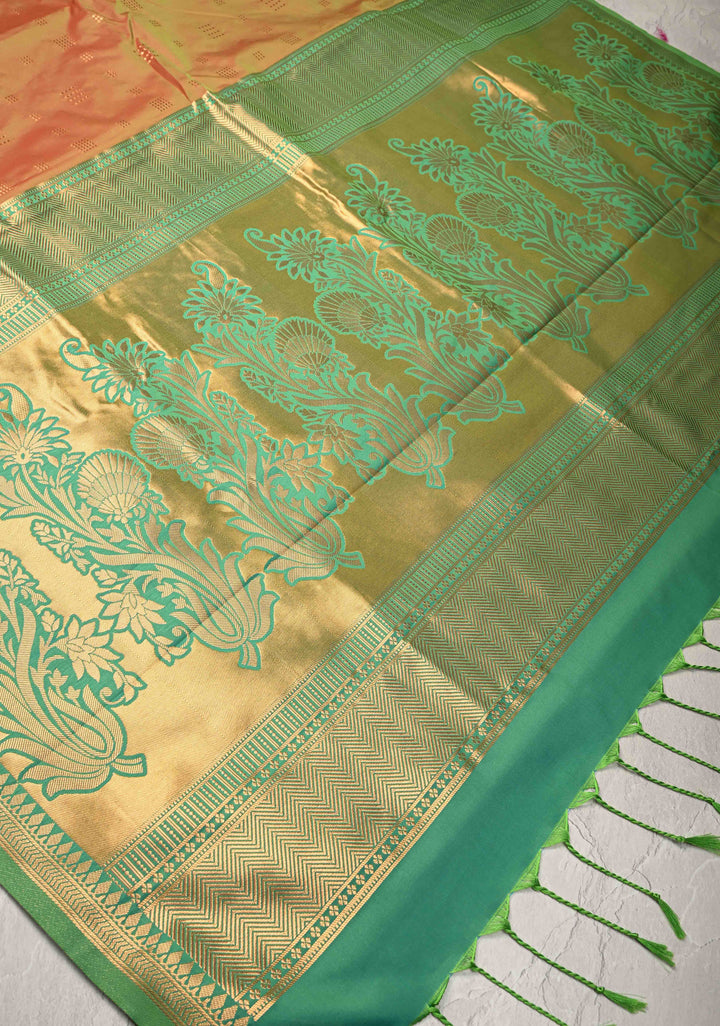 Green-Maroon Dual tone Kanchi Semi Silk Saree with Zari Buttas and Mandala Motifs on Border
