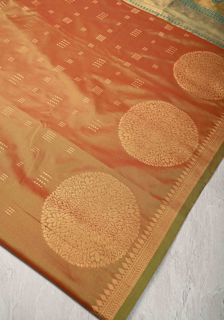 Green-Maroon Dual tone Kanchi Semi Silk Saree with Zari Buttas and Mandala Motifs on Border