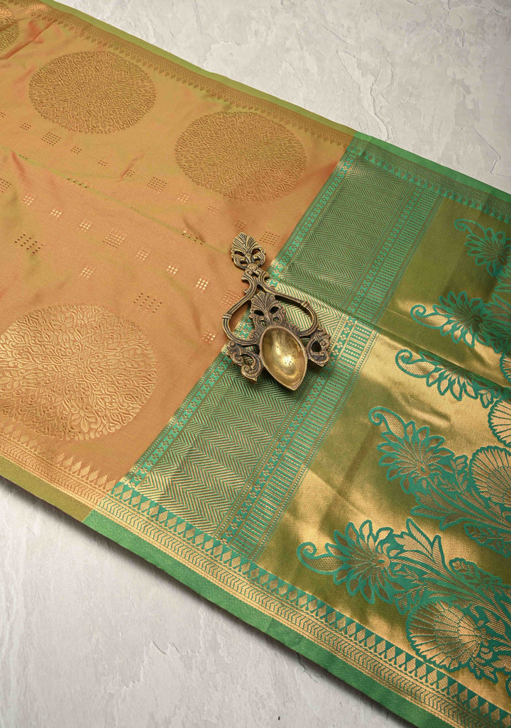 Green-Maroon Dual tone Kanchi Semi Silk Saree with Zari Buttas and Mandala Motifs on Border