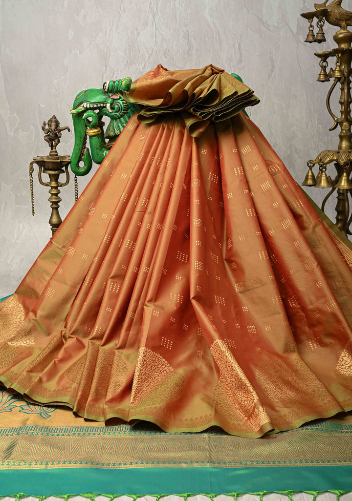 Green-Maroon Dual tone Kanchi Semi Silk Saree with Zari Buttas and Mandala Motifs on Border