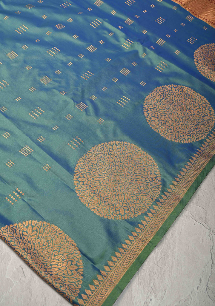 Blue Dual tone Kanchi Semi Silk Saree with Zari Buttas and Mandala Motifs on Border