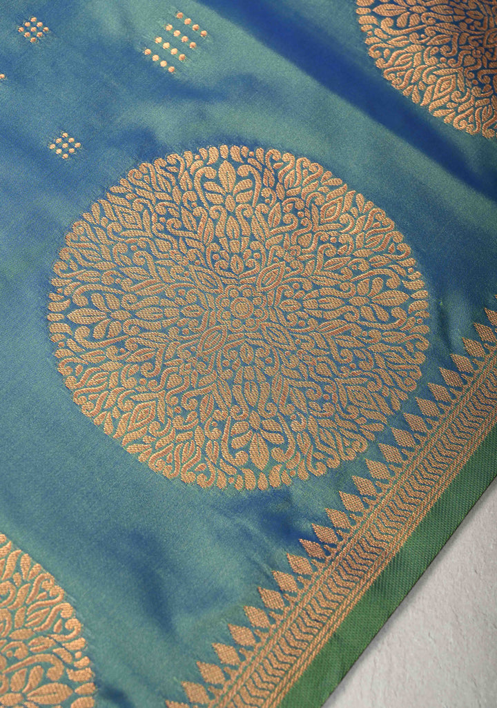 Blue Dual tone Kanchi Semi Silk Saree with Zari Buttas and Mandala Motifs on Border