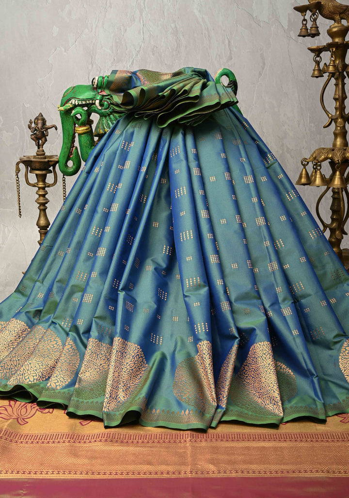 Blue Dual tone Kanchi Semi Silk Saree with Zari Buttas and Mandala Motifs on Border