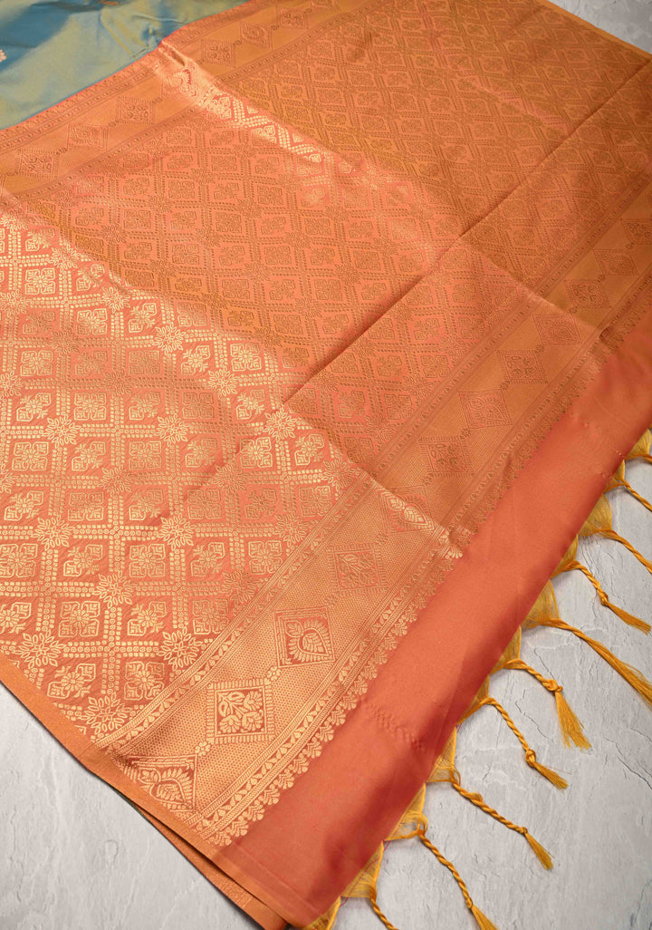 Blue Dual tone Kanchi Semi Silk Saree with Alfi Floral Buttas and Zari Border