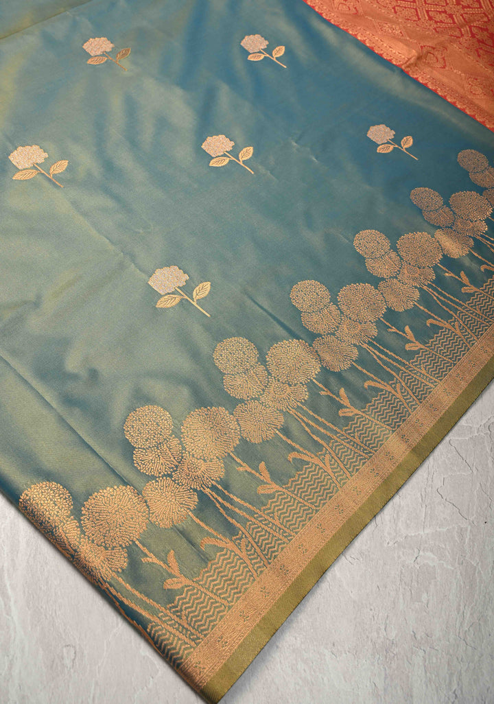 Blue Dual tone Kanchi Semi Silk Saree with Alfi Floral Buttas and Zari Border
