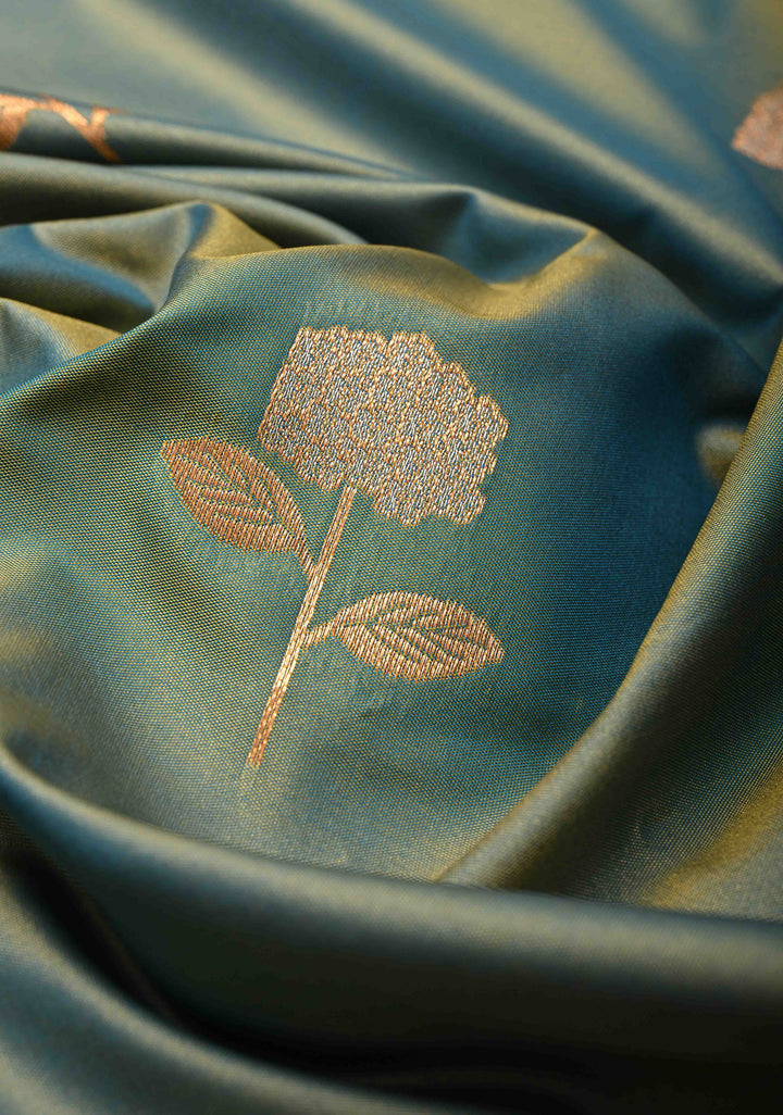 Blue Dual tone Kanchi Semi Silk Saree with Alfi Floral Buttas and Zari Border