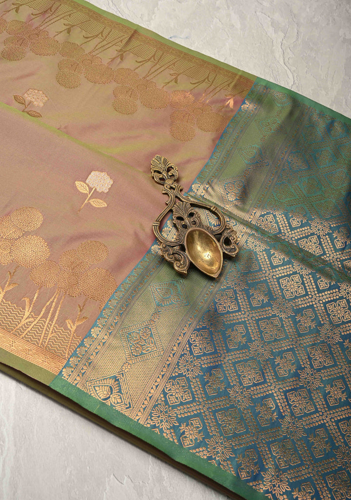 Green-Pink Dual tone Kanchi Semi Silk Saree with Alfi Floral Buttas and Zari Border