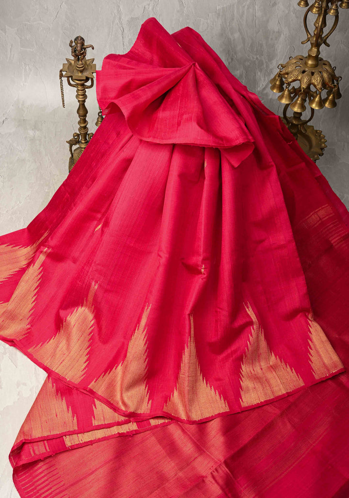 Red Tussar Silk saree with Zari Buttas and Temple Border | SILK MARK CERTIFIED