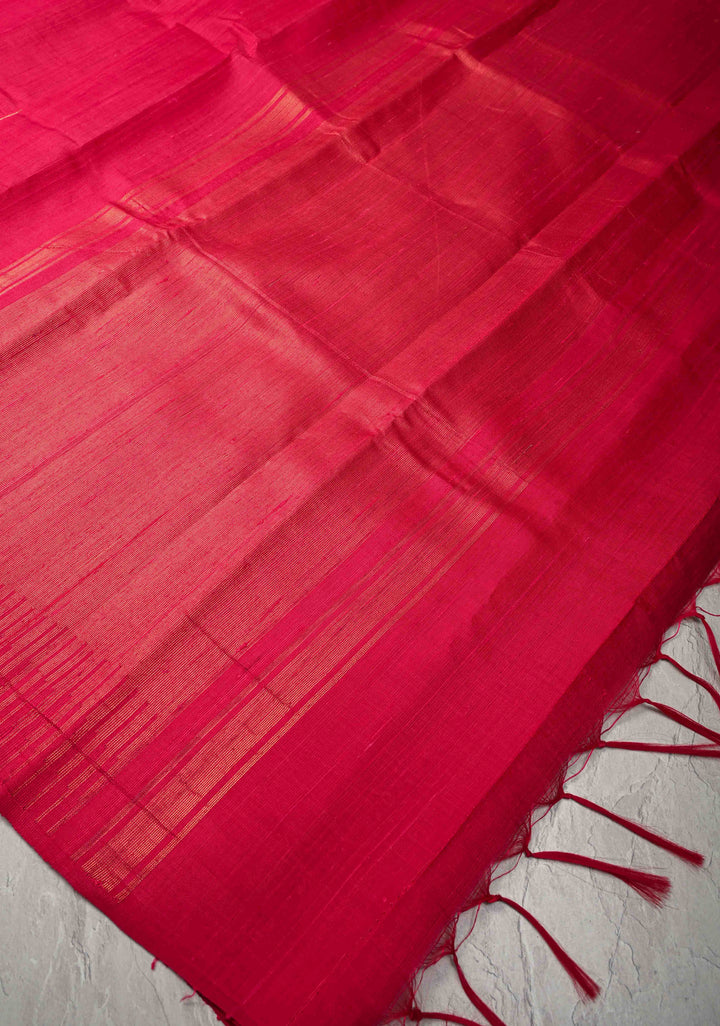 Red Tussar Silk saree with Zari Buttas and Temple Border | SILK MARK CERTIFIED
