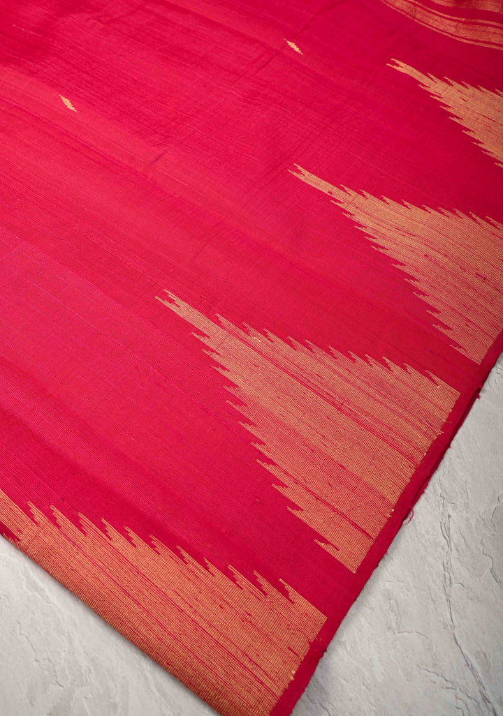 Red Tussar Silk saree with Zari Buttas and Temple Border | SILK MARK CERTIFIED
