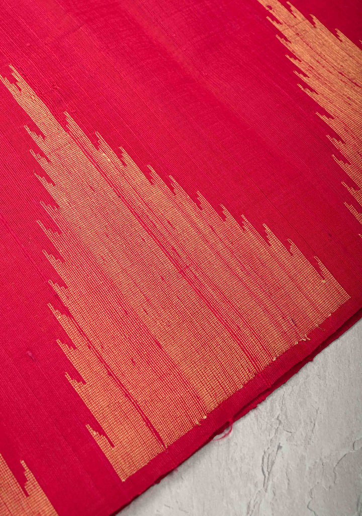 Red Tussar Silk saree with Zari Buttas and Temple Border | SILK MARK CERTIFIED