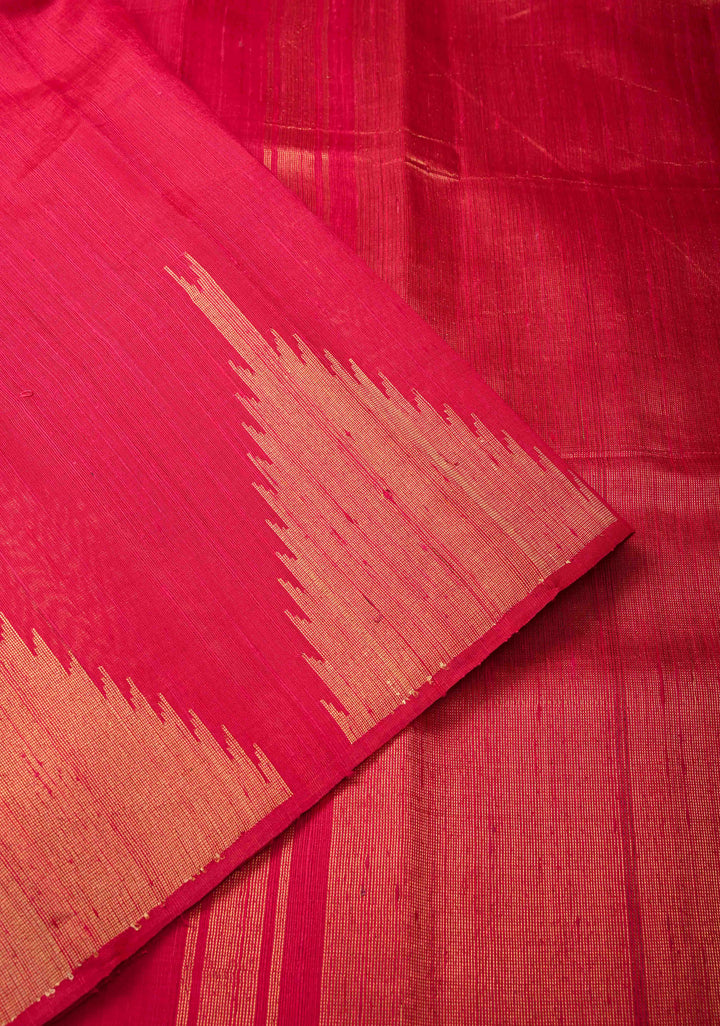 Red Tussar Silk saree with Zari Buttas and Temple Border | SILK MARK CERTIFIED