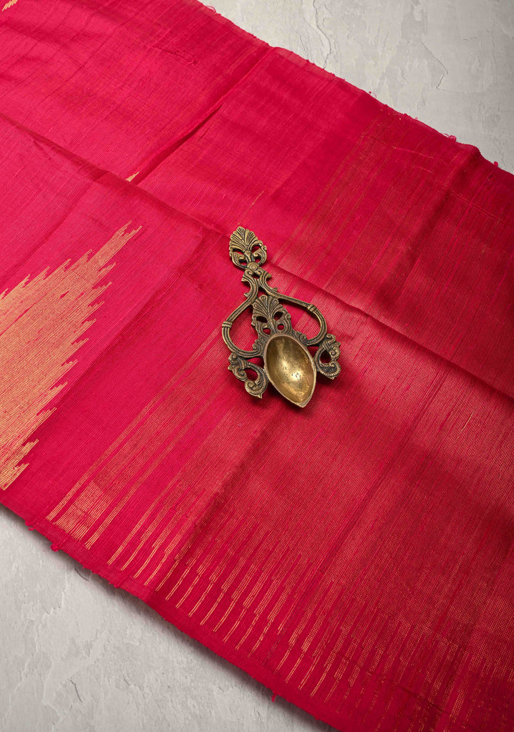 Red Tussar Silk saree with Zari Buttas and Temple Border | SILK MARK CERTIFIED