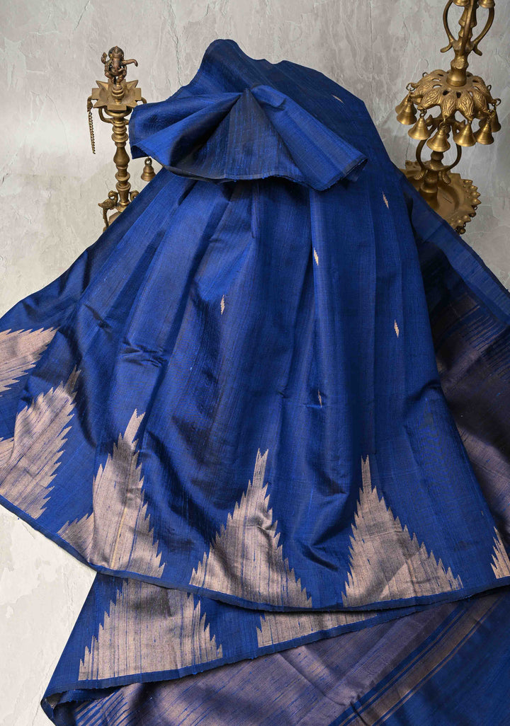 Navy Blue Tussar Silk saree with Zari Buttas and Temple Border | SILK MARK CERTIFIED