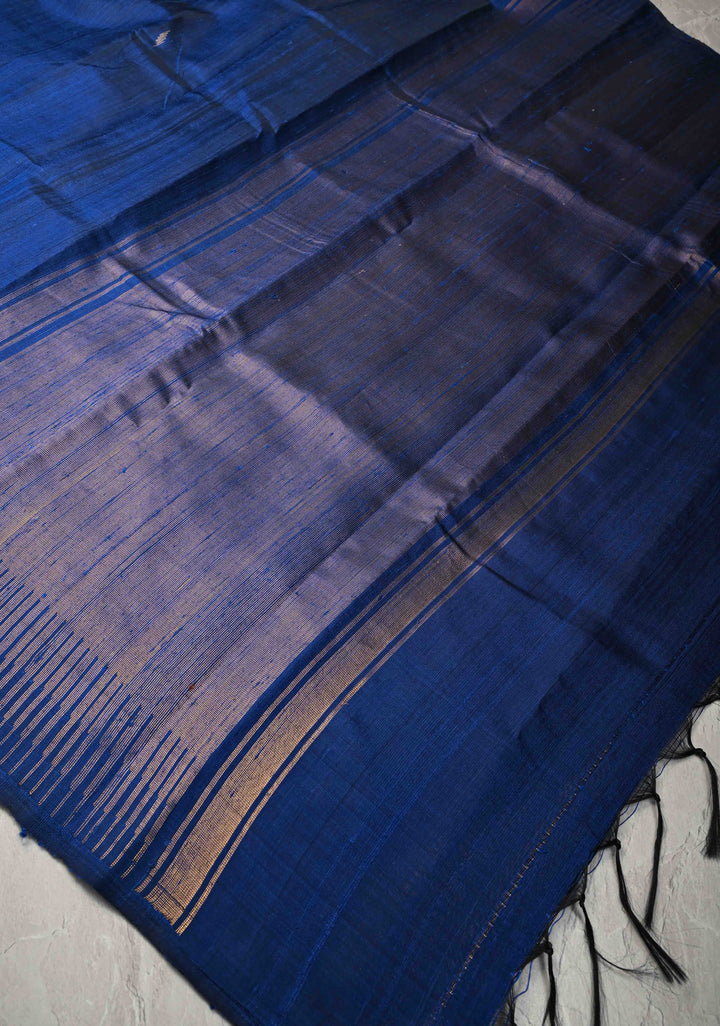 Navy Blue Tussar Silk saree with Zari Buttas and Temple Border | SILK MARK CERTIFIED