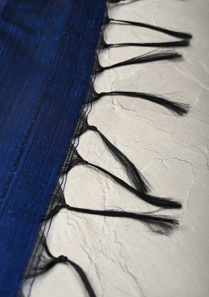 Navy Blue Tussar Silk saree with Zari Buttas and Temple Border | SILK MARK CERTIFIED