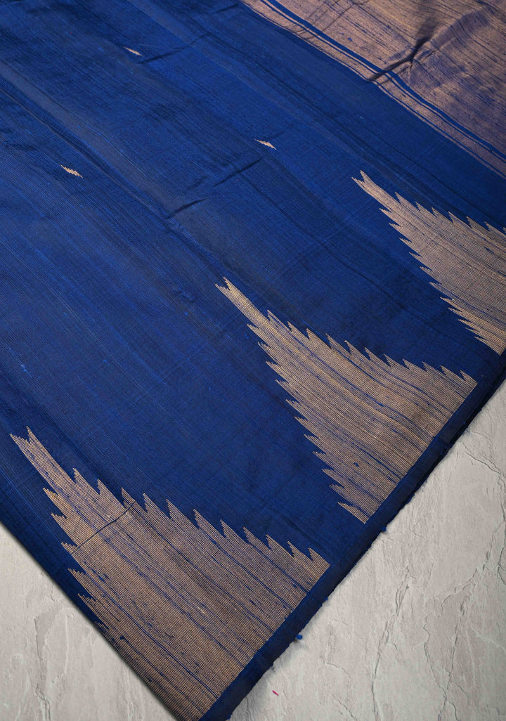 Navy Blue Tussar Silk saree with Zari Buttas and Temple Border | SILK MARK CERTIFIED