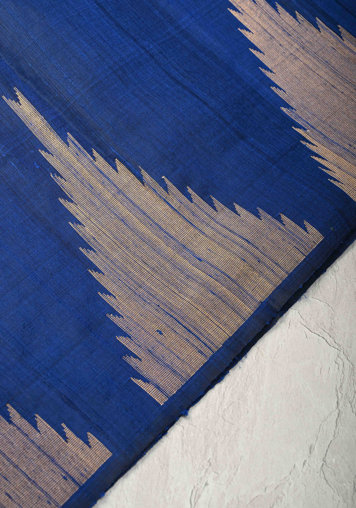 Navy Blue Tussar Silk saree with Zari Buttas and Temple Border | SILK MARK CERTIFIED