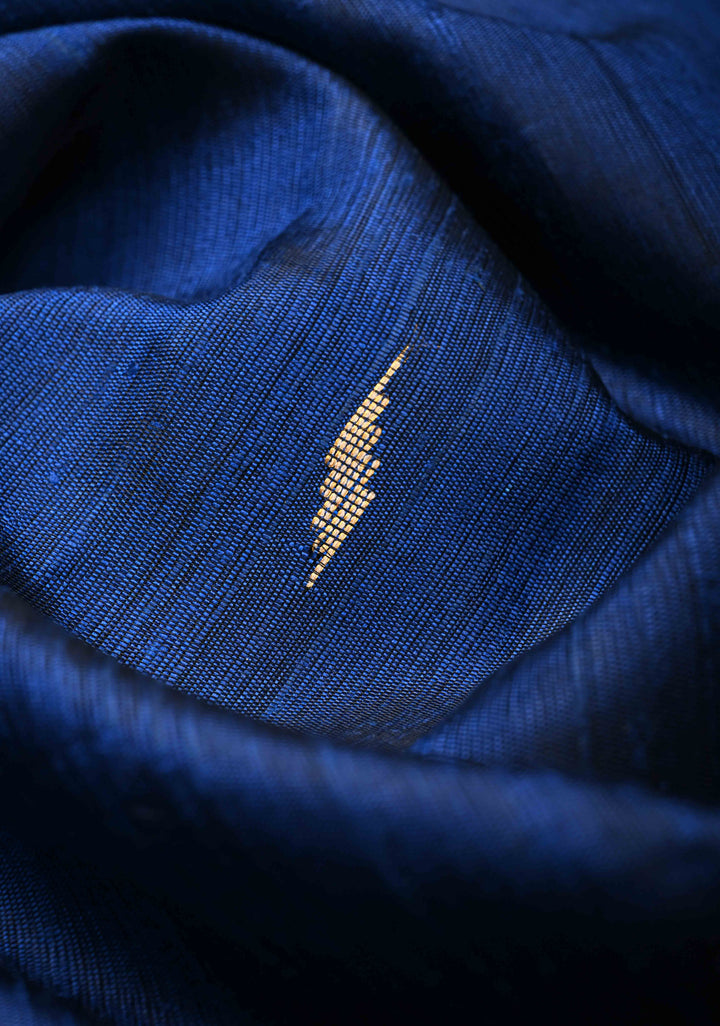 Navy Blue Tussar Silk saree with Zari Buttas and Temple Border | SILK MARK CERTIFIED