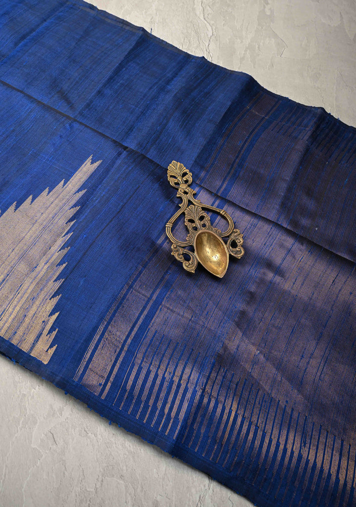 Navy Blue Tussar Silk saree with Zari Buttas and Temple Border | SILK MARK CERTIFIED